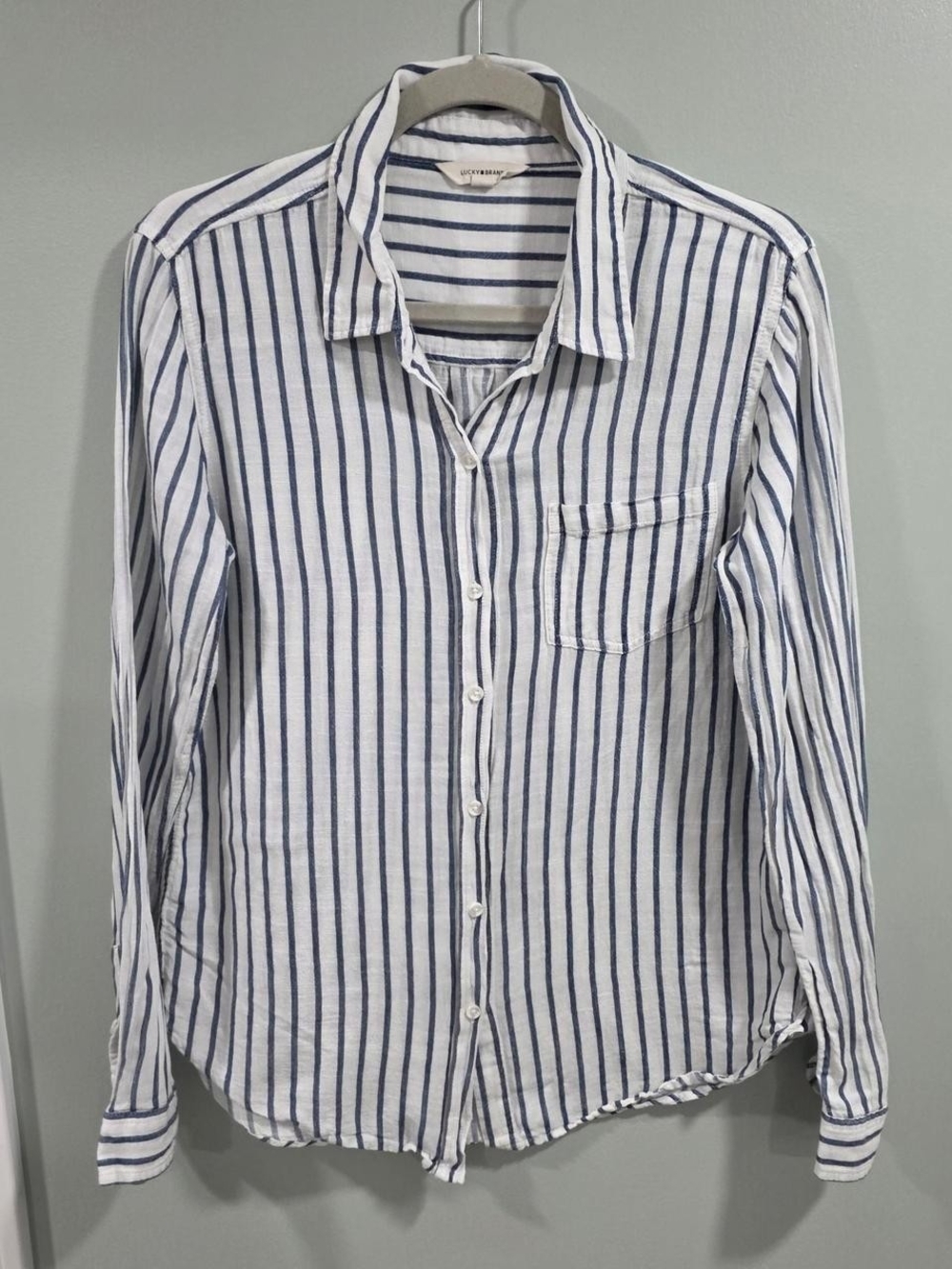 Lucky Brand White Shirt with Navy Vertical Stripes